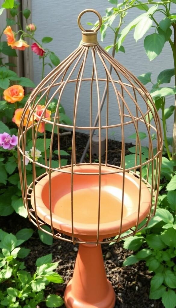 Show a tomato cage transformed into a birdbath with a terracotta pot saucer on top.