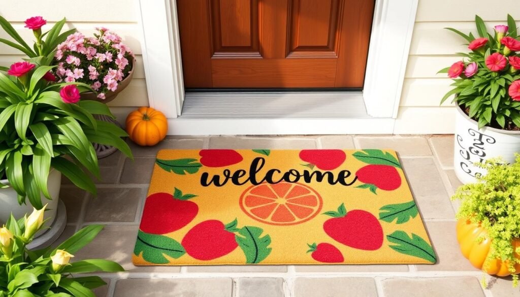 Show a welcome mat with a colorful fruit design at an entrance.