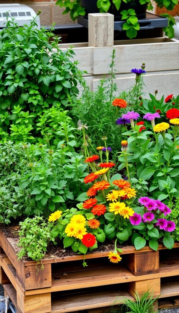Show an image of a pallet garden with herbs and flowers.