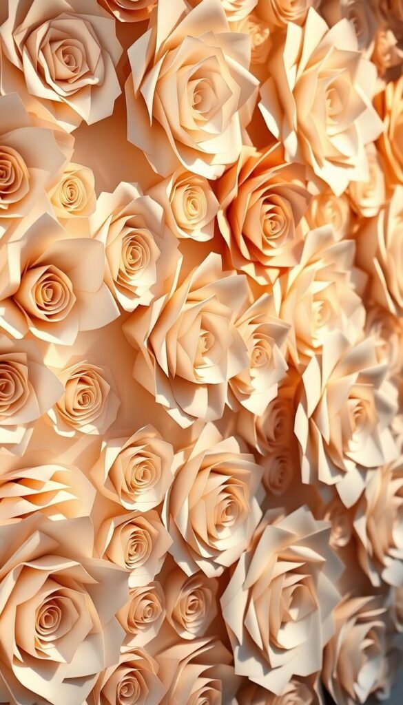 Spiral paper rosettes, delicate and captivating, filling the frame with their intricate coils. A visually striking gallery wall display, each rosette meticulously crafted from high-quality paper, its layers unfurling in a mesmerizing dance. Warm, directional lighting from the side casts soft shadows, accentuating the dimensional texture and creating a sense of depth. The rosettes are arranged in a harmonious, asymmetrical composition, with varying sizes and shades of white, cream, and pastel hues complementing each other seamlessly. The overall mood is one of elegance and tactile sophistication, inviting the viewer to appreciate the beauty of this simple, yet captivating paper craft.