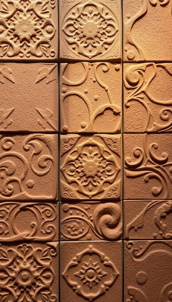 Textured clay wall tiles with intricate patterns and organic shapes, featuring a muted color palette of earthy tones. The tiles have a rough, hand-sculpted appearance, creating a visually striking and tactile surface. Warm, directional lighting casts gentle shadows, accentuating the depth and dimensionality of the clay textures. The tiles are arranged in a harmonious, asymmetrical composition, filling the frame with a sense of natural, handcrafted elegance. The overall scene conveys a tranquil, soothing atmosphere, suitable for use as unique, one-of-a-kind home decor. Textured clay wall tiles with intricate patterns and organic shapes, featuring a muted color palette of earthy tones. The tiles have a rough, hand-sculpted appearance, creating a visually striking and tactile surface. Warm, directional lighting casts gentle shadows, accentuating the depth and dimensionality of the clay textures. The tiles are arranged in a harmonious, asymmetrical composition, filling the frame with a sense of natural, handcrafted elegance. The overall scene conveys a tranquil, soothing atmosphere, suitable for use as unique, one-of-a-kind home decor.