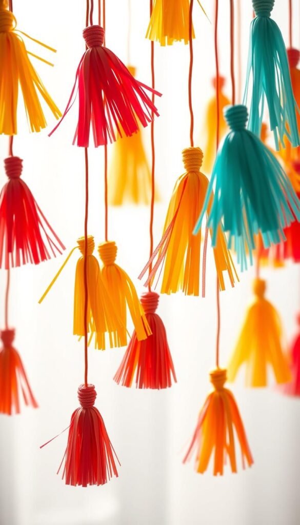 Vibrant paper tassels swaying against a bright, airy background. Delicate strands of crimson, turquoise, and goldenrod cascading in a dynamic display. Diffused natural light filters through the gossamer fibers, casting a warm, inviting glow. The tassels are arranged in a harmonious, asymmetrical composition, creating a sense of movement and visual interest. Shallow depth of field blurs the background, allowing the tassels to take center stage. The overall scene evokes a feeling of playfulness and artisanal charm, perfect for a whimsical wall hanging.