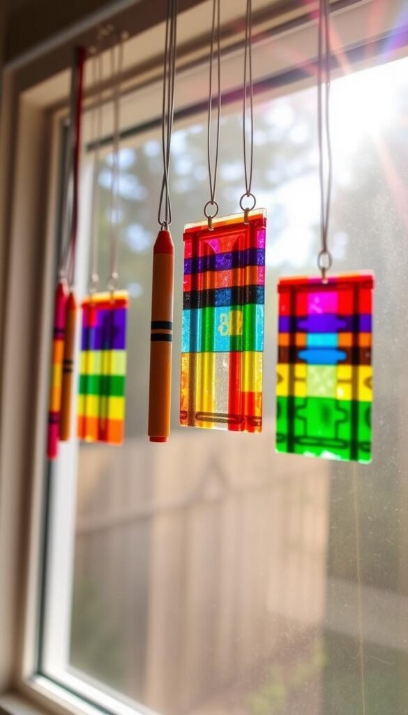 Vibrant rainbow-hued crayon suncatchers adorn a sun-dappled window, casting kaleidoscopic patterns of light across the room. In the foreground, an assortment of multicolored crayons are melted and fused together, forming translucent stained glass-like panels. The middle ground features the suncatchers suspended from delicate wire hangers, gently swaying in a soft breeze. The background showcases a warm, natural light filtering through the colorful panes, creating a cozy, inviting atmosphere. Captured with a wide-angle lens, the scene exudes a sense of playful creativity and whimsical charm, perfectly complementing the "Rainbow Crayon Suncatchers for Decorative Windows" theme.