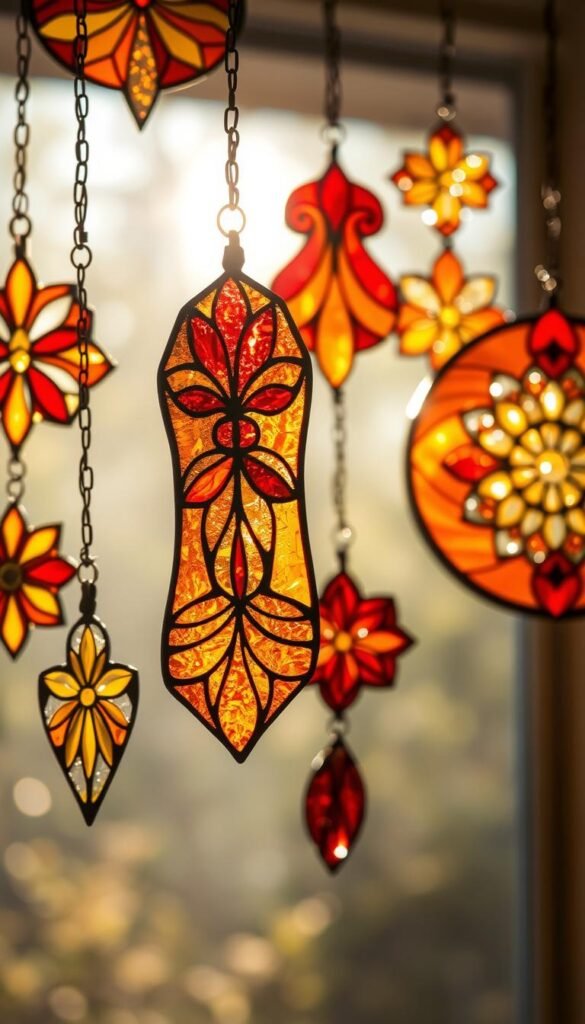 Vibrant stained glass suncatchers in various shapes and colors, capturing the radiant beauty of sunlight. Intricate patterns of warm hues including reds, oranges, yellows, and golds, with delicate glass pieces seamlessly arranged. The suncatchers are suspended against a softly blurred, ethereal background, allowing the light to dance and refract through the translucent surfaces. Captured through a shallow depth of field lens, emphasizing the luminous, almost magical quality of the handcrafted pieces. An inviting, whimsical atmosphere that evokes a sense of tranquility and wonder.