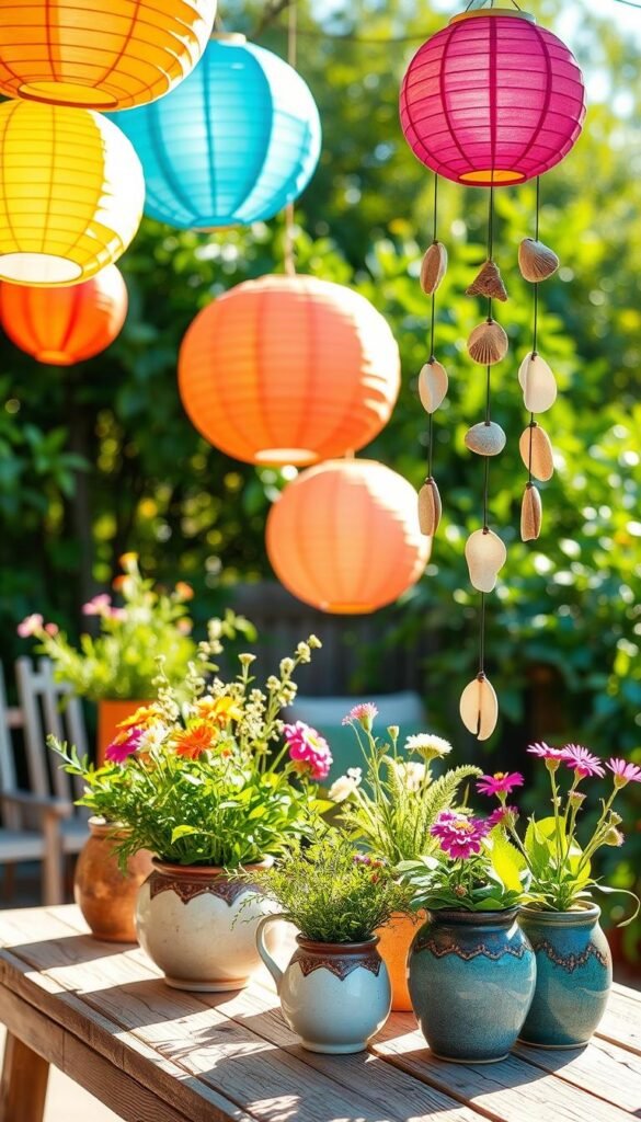 Vibrant summer decor crafts fill a sun-dappled patio, with an array of handmade decorations adorning the space. In the foreground, a cluster of colorful paper lanterns sway gently in a light breeze, casting a warm glow. On a weathered wooden table, a collection of ceramic planters and vases hold lush greenery and wildflowers, their petals catching the golden afternoon light. In the middle ground, a trio of wind chimes made from seashells and driftwood tinkle softly, evoking the peaceful atmosphere of a seaside retreat. The background features a backdrop of verdant foliage, hinting at the lush natural setting beyond. The overall scene exudes a sense of laid-back summer charm and DIY creativity.
