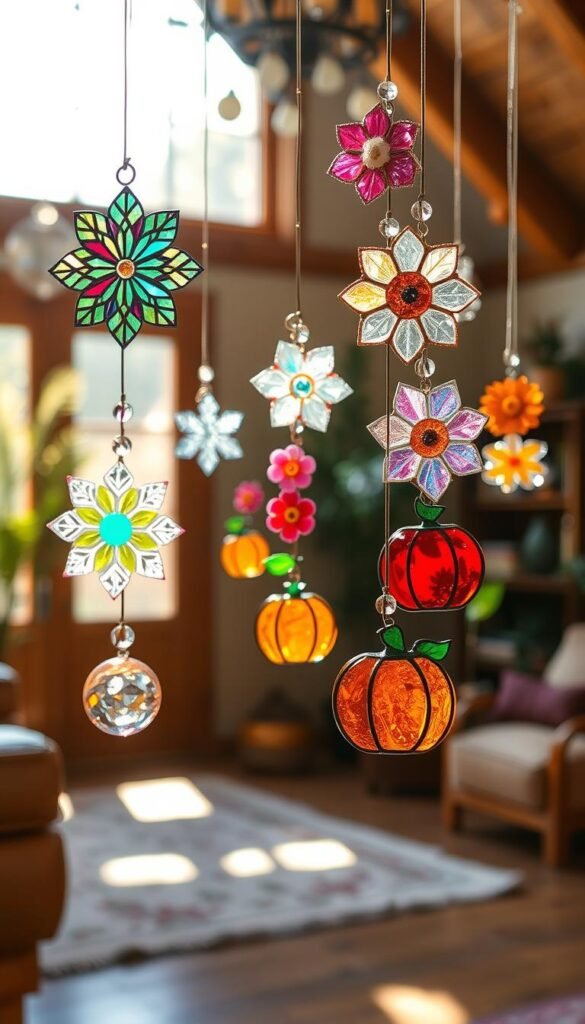 Vibrant suncatchers in seasonal motifs float within a warm, inviting scene. In the foreground, delicate glass pendants capture sunlight, casting colorful reflections across the space. The middle ground features an array of whimsical designs - snowflakes for winter, blooming flowers for spring, pumpkins for autumn. In the background, a cozy yet airy room setting with natural wood tones and soft lighting sets the perfect mood for these handcrafted seasonal crafts. Crisp, high-resolution photography emphasizes the intricate details and glistening textures of these unique, DIY suncatchers.