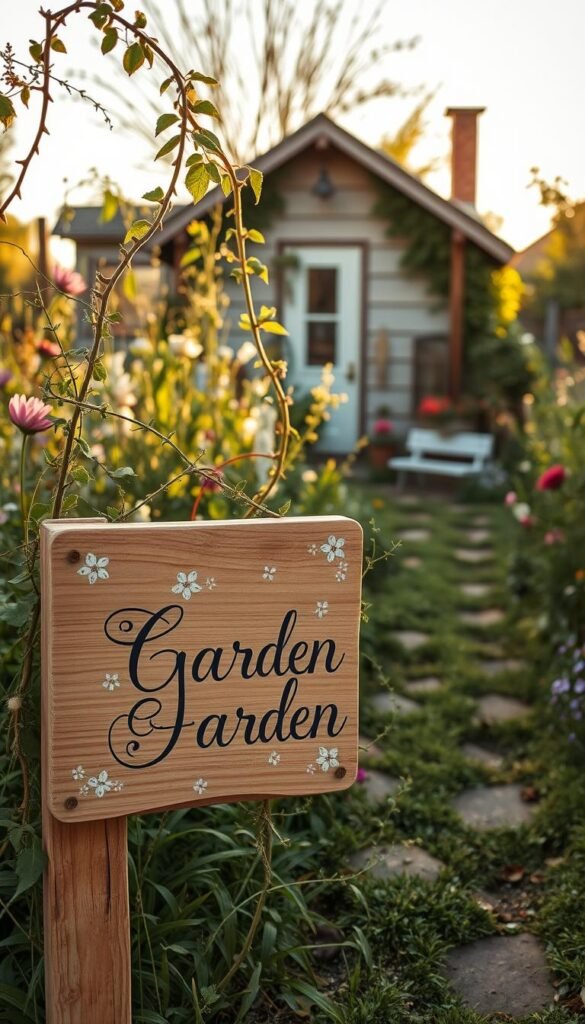 Whimsical garden signage with a charming, rustic aesthetic. A wooden sign board in the foreground, adorned with delicate floral designs and a playful, hand-painted cursive script. The middle ground features a lush, overgrown garden path, with colorful wildflowers and trailing vines cascading around the sign. In the background, a quaint garden shed or cottage, bathed in soft, golden afternoon light, creates a cozy, inviting atmosphere. The overall scene exudes a sense of whimsy, enchantment, and the natural beauty of a well-tended outdoor oasis.