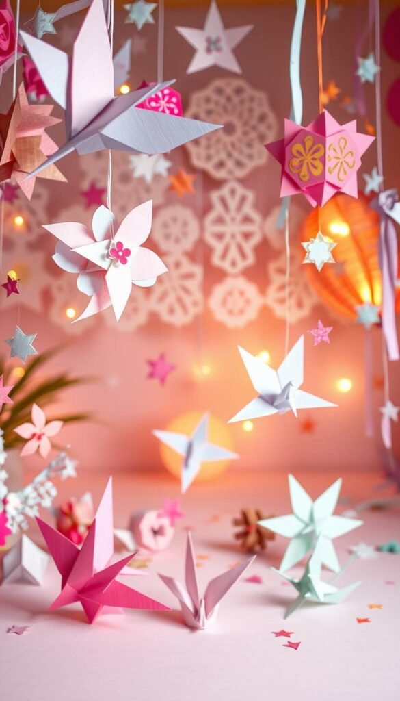 Whimsical paper decorations adorn a festive scene. In the foreground, an assortment of intricate origami shapes - vibrant cranes, delicate flowers, and playful stars - float gracefully against a soft, pastel backdrop. The middle ground features carefully cut-out paper garlands, their intricate designs casting delicate shadows. In the background, a scattering of paper lanterns and streamers add a touch of celebration, bathed in warm, golden lighting that creates a cozy, inviting atmosphere. The entire composition has a handcrafted, homemade quality, perfect for a charming, DIY-inspired celebration.