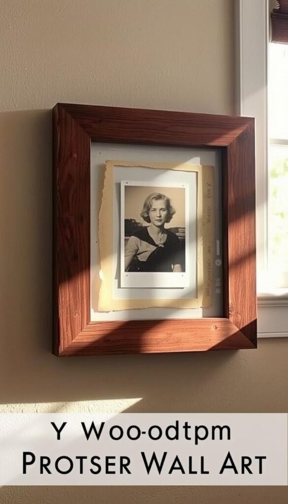 Wooden photo transfer wall art, a rustic and charming DIY decor piece. A wooden frame, weathered and distressed, holds a captivating transfer of a vintage photograph. The image is crisp and well-defined, with a slightly faded, antique-like quality. Soft, natural lighting from a nearby window casts gentle shadows, accentuating the texture of the wood and the depth of the photo transfer. The composition is balanced, with the photo positioned centrally, surrounded by the warm, earthy tones of the wooden frame. The overall atmosphere is cozy, nostalgic, and inviting, perfect for enhancing the ambiance of any home.