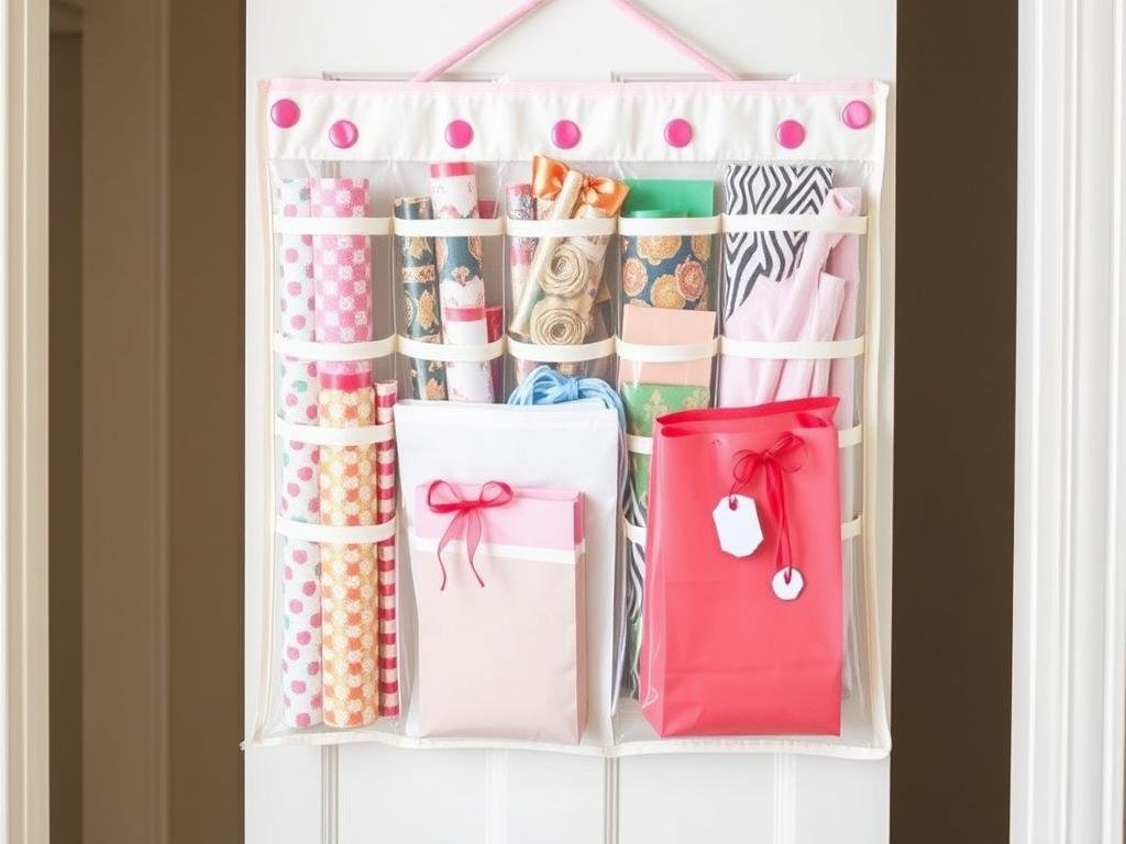 Zober hanging gift wrap organizer for storing wrapping paper and supplies as DIY storage ideas