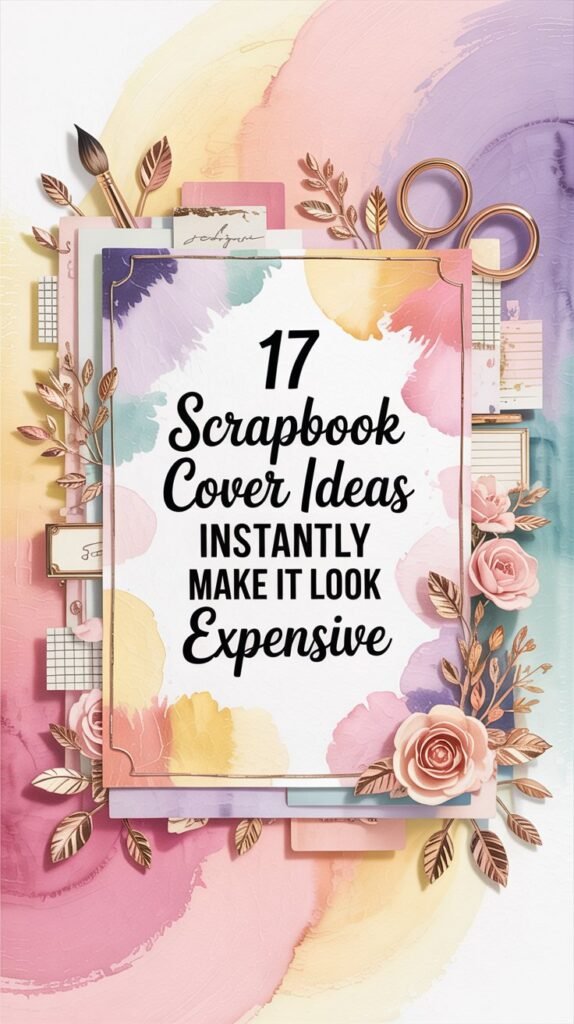 A bright and modern Pinterest pin showcasing "17 Scrapbook Cover Ideas That Instantly Make It Look Expensive". The central image is a beautifully arranged scrapbook cover design featuring a layered composition with vintage paper textures, delicate watercolor washes, and subtle metallic foil accents. Scattered around the cover are small, stylized icons: a paintbrush, scissors, and various metallic foil shapes, all carefully positioned to create a soft feminine border in warm tones of rose gold and peach. The background is a smooth pastel ombre transitioning from light pink to lavender, providing a gentle and visually appealing contrast that emphasizes the scrapbook cover's design.