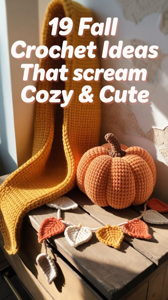 A bright and stylish Pinterest pin showcasing a curated collection of fall crochet projects. The central focus is a flat lay arrangement of cozy crochet items: a chunky mustard yellow scarf draped artfully, a pumpkin-shaped pillow with a textured stitch pattern, and a delicate garland of crocheted felt leaves in varying autumnal hues, all arranged on a rustic wooden surface. Soft, diffused sunlight illuminates the scene, casting gentle shadows and highlighting the warm orange, brown, and cream tones, while the text overlay reads "19 Fall Crochet Ideas That Scream Cozy & Cute" in a playful, modern font. The background is a softly blurred wall with a subtle, textured plaster finish, creating a sense of depth and inviting a cozy autumnal atmosphere.