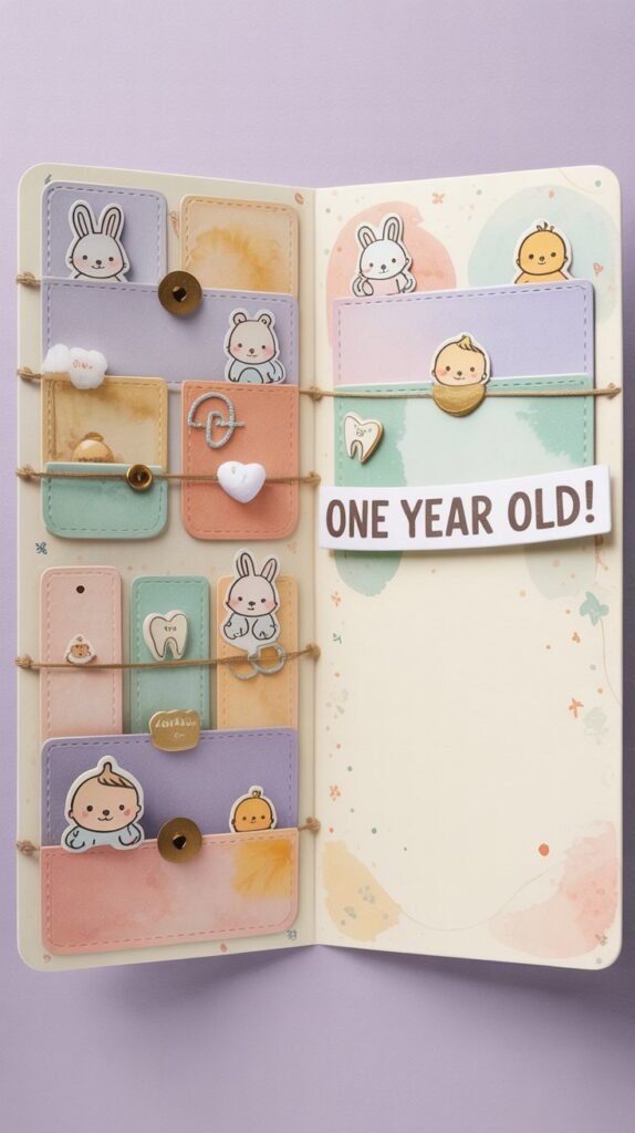 A charming baby's first birthday greeting card featuring a whimsical, layered scrapbook spread design with soft pastel watercolor washes in shades of lavender, peach, and mint green. The spread includes delicate die-cut baby animal stickers (rabbits, bears, and chicks) interspersed with tiny pockets showcasing miniature keepsakes like a baby's first curl and a tiny tooth charm, all held together with miniature paperclips and decorative thread. The sentiment "ONE YEAR OLD!" appears in a playful, hand-lettered font across the top, while the card’s interior offers a clean, cream-colored space for a heartfelt message alongside a subtle pattern of scattered stars and confetti. The overall design evokes a sense of nostalgia, warmth, and joyful celebration, creating a treasured keepsake for the baby's parents.