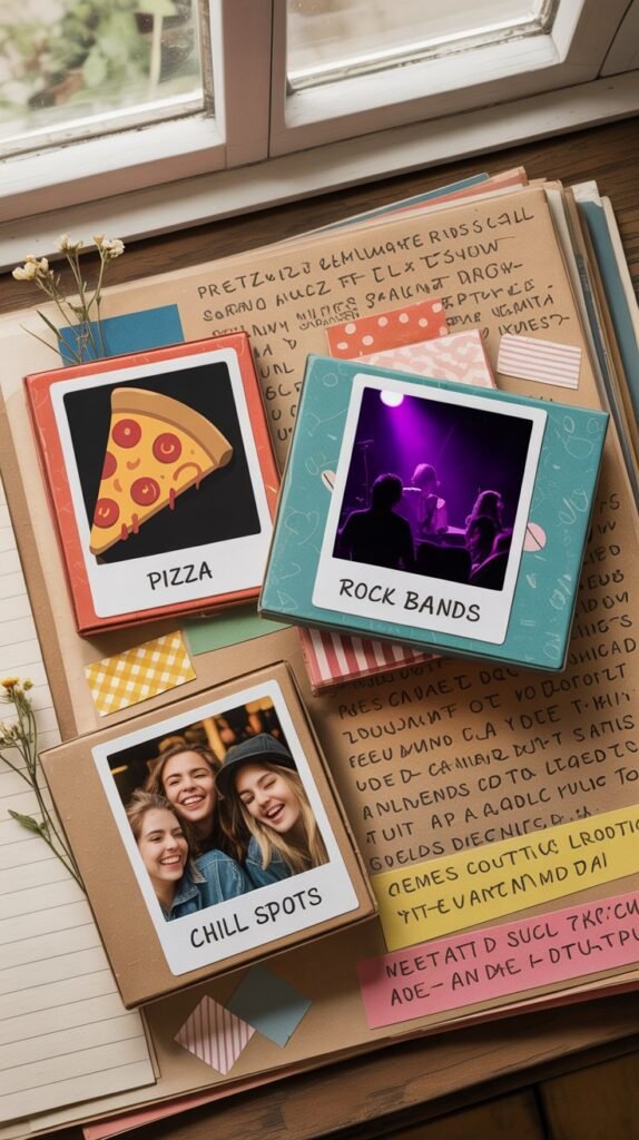 A charming scrapbook spread illustration, showcasing meticulously organized boxes filled with memories. Three labeled boxes, “Pizza,” “Rock Bands,” and “Chill Spots,” contain vibrant polaroid-style images: a cheesy pizza slice, a blurry concert photo of a band onstage, and friends laughing at a cafe. The boxes are arranged neatly on aged, textured scrapbook paper with playful handwritten captions scrawled around the edges using a variety of colorful gel pens, accented by vintage patterned washi tape and small pressed flowers scattered throughout the composition. Soft, diffused lighting simulates natural daylight filtering through a window, creating a warm and nostalgic atmosphere.