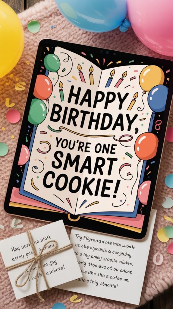 A cheerful birthday greeting card featuring a tablet displaying an open, vibrant flipbook filled with whimsical illustrations of colorful balloons, flickering candles, and swirling confetti, with the text "Happy Birthday, You're One Smart Cookie!" playfully displayed within the flipbook pages. The tablet rests on a soft, textured surface with scattered confetti and a few handwritten notes tied with twine, creating a cozy and celebratory scene, while a warm color palette of sunny yellows, sky blues, and playful pinks evokes feelings of joy and excitement. The typography is a mix of handwritten-style fonts and a bolder, modern sans-serif for the main greeting, with the card’s interior providing ample space for a longer, personal message and a subtle background pattern of small, stylized balloons to reinforce the celebratory theme.