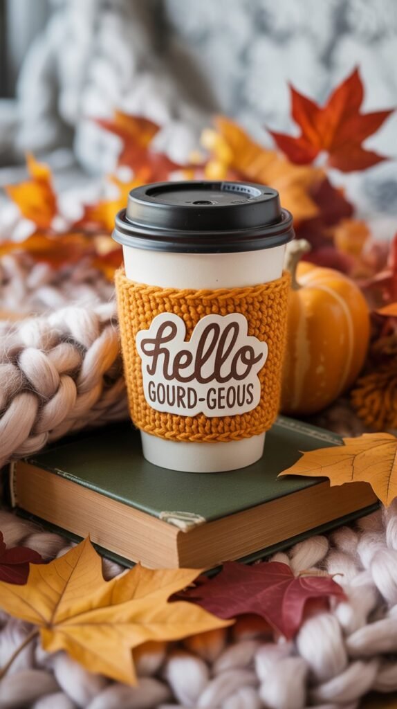 A cozy birthday greeting card featuring a charming scene of a takeaway coffee cup adorned with a playful crochet sleeve, showcasing the text “Hello Gourd-geous” in a whimsical font. The cup rests on a chunky knit blanket alongside a vintage book and a scattering of autumnal leaves in shades of burnt orange, golden yellow, and deep crimson, creating a warm and inviting atmosphere. The typography is a mix of a cursive script for "Hello" and a bolder sans-serif for "Gourd-geous," complemented by a soft, textured background to enhance the handcrafted feel, radiating a comforting and humorous tone perfect for a friend. The inside of the card offers ample space for a personalized message, echoing the blanket’s knit pattern subtly in the background.