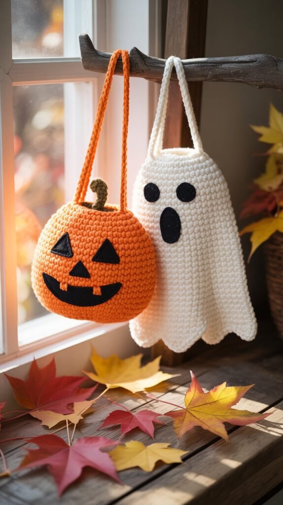 A cozy still life photograph showcasing two handmade crochet trick-or-treat bags, one shaped like a cheerful pumpkin and the other a friendly ghost, hanging from a rustic wooden hook. The pumpkin bag has bright orange yarn with stitched black triangle eyes and a wide, grinning mouth, while the ghost bag is a soft white with simple black button eyes and a flowing yarn scarf. Below the hook, a scattering of vibrant autumn leaves – crimson, gold, and russet – are arranged on a weathered wooden surface, bathed in warm, diffused sunlight streaming through a nearby window. The overall scene evokes a sense of autumnal charm and handcrafted delight, creating a heartwarming image perfect for a seasonal greeting card or fall-themed decor.