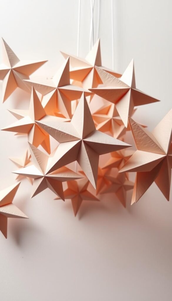 a detailed and intricate arrangement of paper stars, with a soft and delicate appearance, floating against a clean and minimalist background. The stars are crafted with precise folds and creases, casting gentle shadows and highlights that create a sense of depth and dimensionality. The lighting is natural and diffused, creating a warm and inviting atmosphere. The camera angle is slightly elevated, capturing the stars from an angle that showcases their intricate details and the overall composition. The stars are the clear focal point, drawing the viewer's attention to the simple yet captivating paper craft.