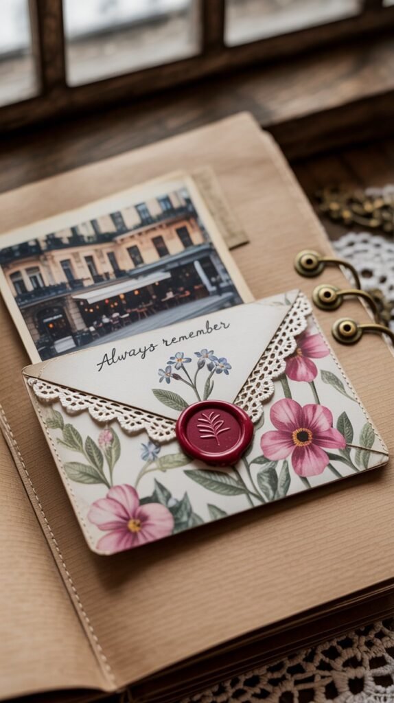 A detailed journal-style scrapbook page on textured kraft paper, showcasing a delicate floral mini envelope as the central focus. The envelope, adorned with intricate lace detailing and a crimson wax seal bearing the impression of a single forget-me-not flower, is affixed to the page with vintage brads. Peeking from beneath the envelope flap is a faded travel photograph of a quaint European cafe, while inside the envelope rests a neatly folded handwritten note containing the words "Always Remember". Warm, diffused light filters through a window, casting soft shadows and highlighting the tactile details of the paper and embellishments, evoking a feeling of cherished memories and nostalgic charm.