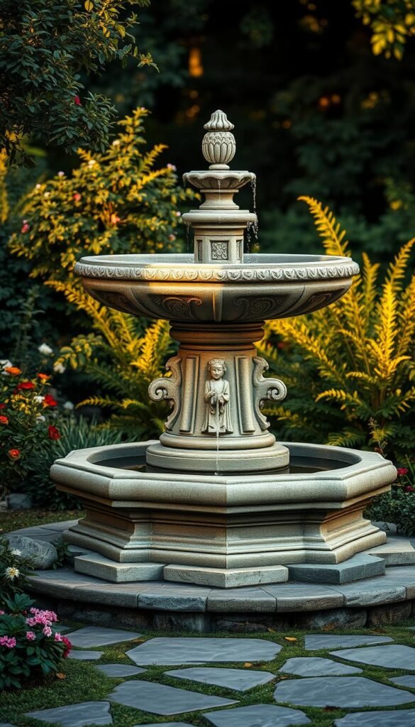 a detailed, realistic stone fountain in a lush, natural garden setting. a large, ornate stone basin on a raised platform, surrounded by greenery and flowering plants. the fountain features intricate carved designs and a central spout or cascade that flows gently into the basin. the scene is illuminated by warm, diffused natural lighting, creating a serene and tranquil atmosphere. the camera angle is slightly elevated to showcase the fountain's impressive scale and craftsmanship, with the surrounding foliage and landscape elements providing a harmonious, picturesque backdrop.