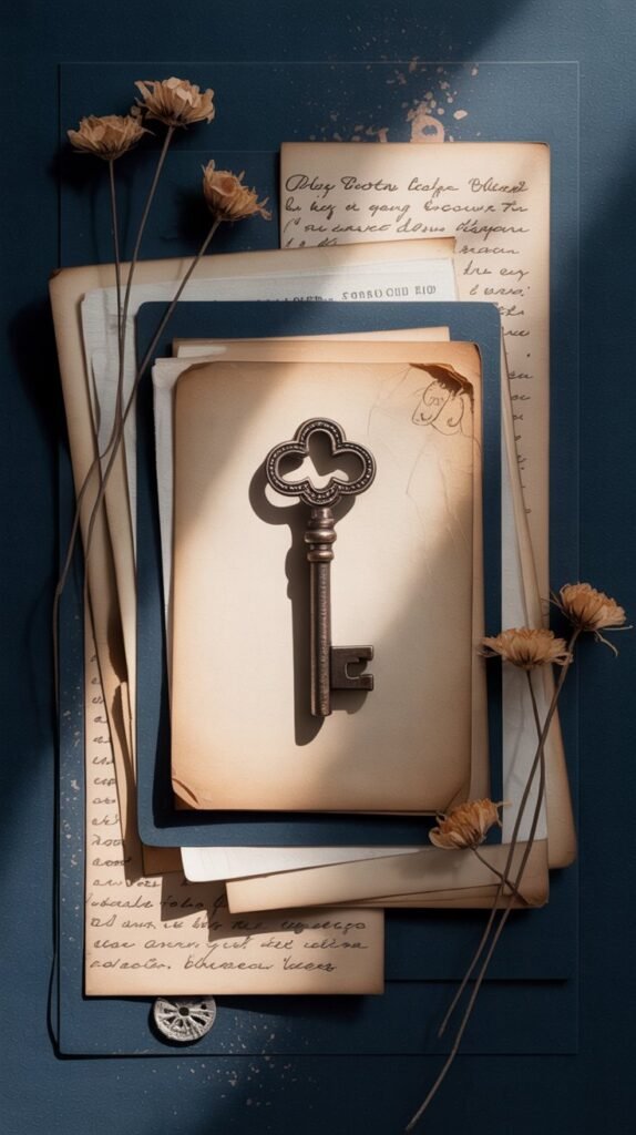 A detailed scrapbook page design in a deep navy color scheme, centered around a faded black and white photograph of a lone antique key resting on aged parchment paper. The key is intricately detailed with ornate carvings and appears slightly rusted, casting a soft shadow onto the parchment. Surrounding the photograph are layered sheets of textured paper, pressed dried flowers, and handwritten script elements with a vintage aesthetic, bathed in soft, diffused light to create a moody and artistic atmosphere. Subtle accents like tiny decorative stamps and faint ink splatters enhance the overall feeling of a carefully curated and nostalgic memory.
