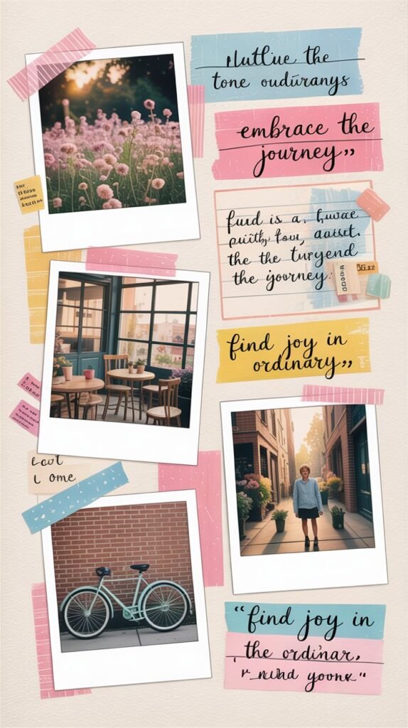 A flat lay digital journal layout showcasing a collection of Polaroid photo frames, pastel washi tape strips, and handwritten quote snippets. The Polaroid frames feature candid shots of blooming wildflowers, cozy cafes, and a vintage bicycle leaning against a brick wall, each photo having a slightly aged and textured appearance. Scattered across the journal page are strips of pastel pink, blue, and yellow washi tape, artfully arranged alongside handwritten snippets of quotes such as “"Embrace the Journey"" and "“Find Joy in the Ordinary””, all written in elegant cursive script with subtle ink bleeds. The background is a textured cream-colored paper, softly lit with natural window light to create a warm and inviting aesthetic.