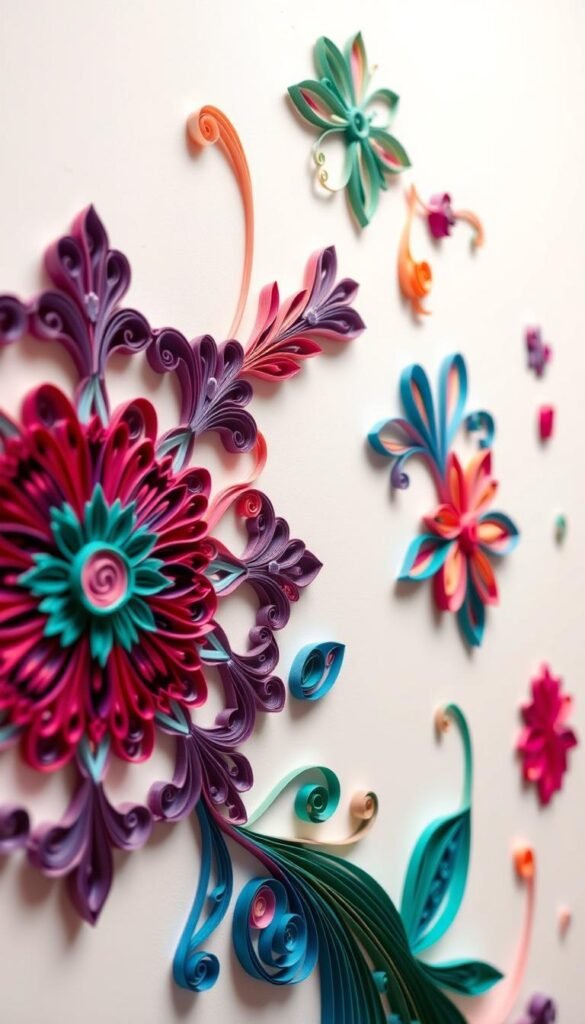a highly detailed and intricate paper quilling wall art design, featuring a variety of delicate, curled and scrolled paper elements in a visually striking composition. The foreground showcases an ornate, symmetrical floral pattern made from vibrant, jewel-toned paper strips meticulously curled and layered, creating a sense of depth and texture. The middle ground features additional paper quilling accents, including abstract geometric shapes and flowing, organic patterns, all masterfully arranged to form a cohesive and aesthetically pleasing whole. The background has a clean, minimalist white or light-colored wall surface, allowing the paper art to take center stage and be the focal point of the scene. The lighting is soft and diffused, highlighting the delicate nature of the paper quilling and creating subtle shadows that add depth and dimensionality to the artwork. The overall mood is one of refined elegance, creativity, and a tactile, handcrafted quality.