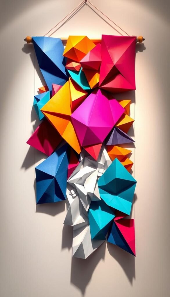 a highly detailed and vivid geometric paper art wall hanging, featuring a striking arrangement of precisely cut and folded paper shapes in a range of bold, vibrant colors. the foreground consists of a dynamic, asymmetrical composition of triangles, rectangles, and parallelograms, layered and overlapping to create a sense of depth and dimensionality. the middle ground features delicate, intricate paper folds and creases that catch the light, casting dramatic shadows and highlights. the background is a minimalist, clean white surface that allows the geometric paper forms to take center stage. the lighting is soft and diffused, creating a sense of warmth and elegance. the overall mood is one of modern, elegant sophistication, with a tactile, handcrafted quality that invites closer inspection.