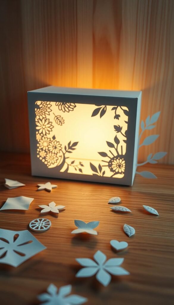 a highly detailed, photorealistic image of a paper cut light box on a wooden surface, with intricate paper cut-outs casting soft, warm lighting throughout the scene. The foreground features delicate paper shapes, including geometric patterns and organic leaf-like forms, carefully arranged to create a mesmerizing visual display. The middle ground showcases the light box itself, with a glowing, diffused light source within, illuminating the paper elements. The background is a minimalist, natural-toned wooden surface, providing a simple yet elegant setting to highlight the paper art. The lighting is subtle and directional, creating depth and dimensionality, while the overall mood is one of tranquility, showcasing the beauty and craftsmanship of the paper cut-out design.