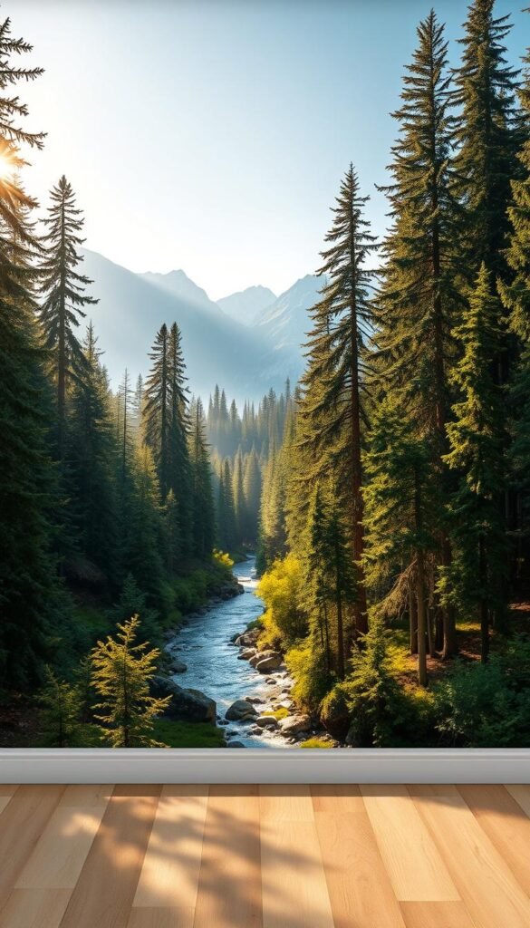 a highly detailed, photorealistic wallpaper mural design featuring a lush, vibrant forest landscape with towering trees, a shimmering river, and a breathtaking mountain range in the background, all bathed in warm, golden afternoon sunlight, creating a serene and inviting atmosphere, captured from a low, wide-angle perspective to emphasize the grand, immersive scale of the scene, with a focus on the intricate textures and colors of the natural elements
