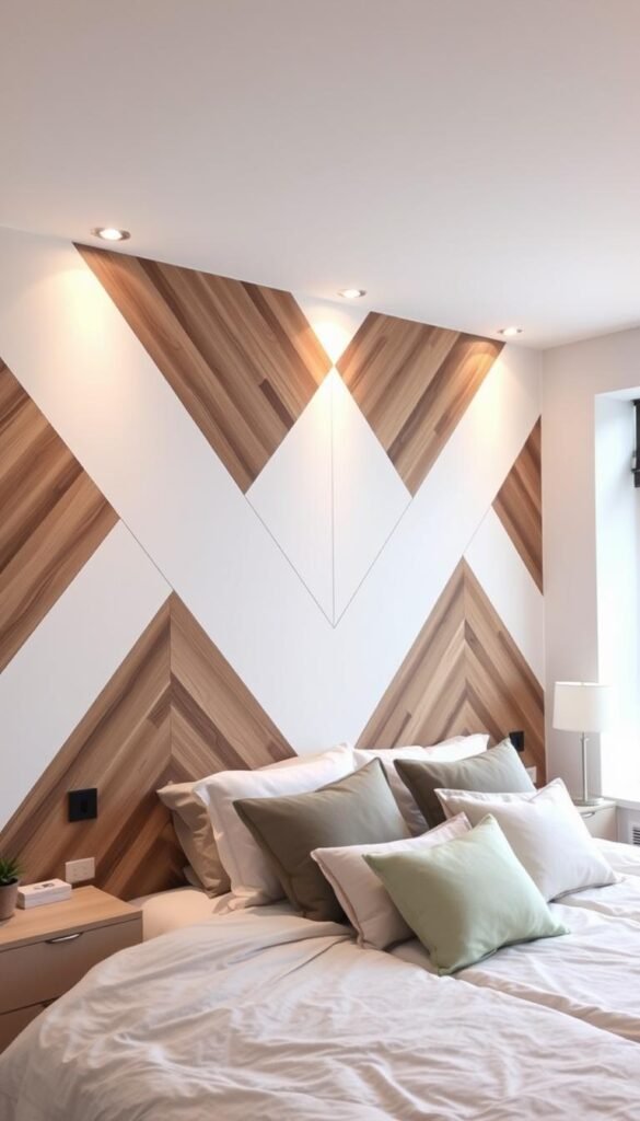 a modern and stylish DIY accent wall in a well-lit bedroom, featuring a geometric pattern with a mix of natural wood tones and white painted panels, creating a focal point and adding depth and texture to the space. The wall is illuminated by soft, diffused lighting from multiple angles, casting gentle shadows and highlighting the intricate design. The overall atmosphere is calm, cozy, and inviting, perfectly complementing the relaxed, minimalist decor of the room.