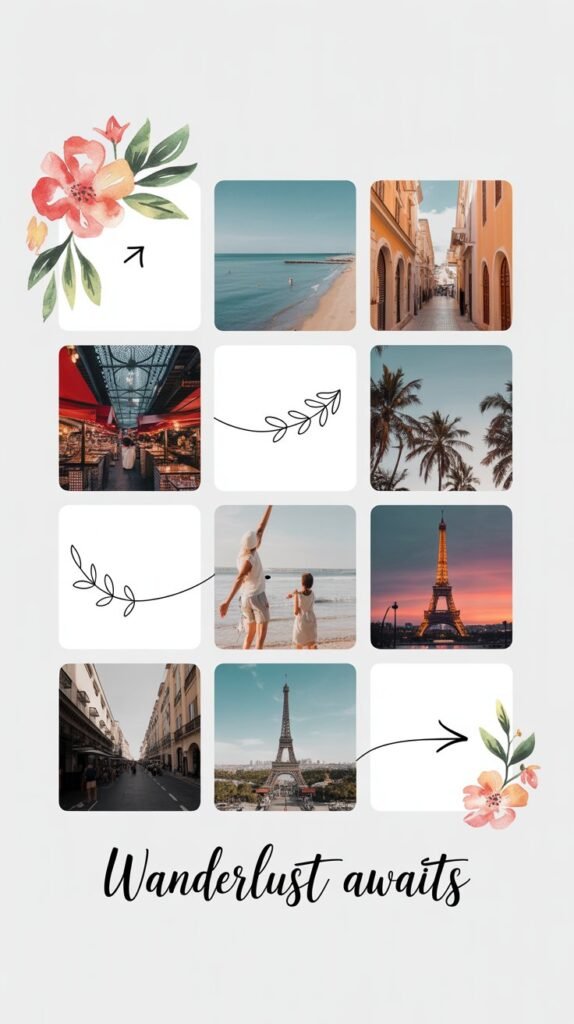 A modern, clean Instagram post showcasing a curated collection of travel photography arranged in a 3x3 grid. Each square features a vibrant photograph depicting different travel destinations, such as a bustling market in Marrakech, a serene beach in Bali, and the Eiffel Tower in Paris. Delicate floral icons – watercolor illustrations of leaves and blossoms – accent the corners of each photo, while hand-drawn arrows subtly guide the viewer's eye across the grid, ultimately leading to the text "Wanderlust Awaits". The entire arrangement is set against a crisp white background, ensuring clarity and a feeling of spaciousness, perfect for inspiring travel dreams.