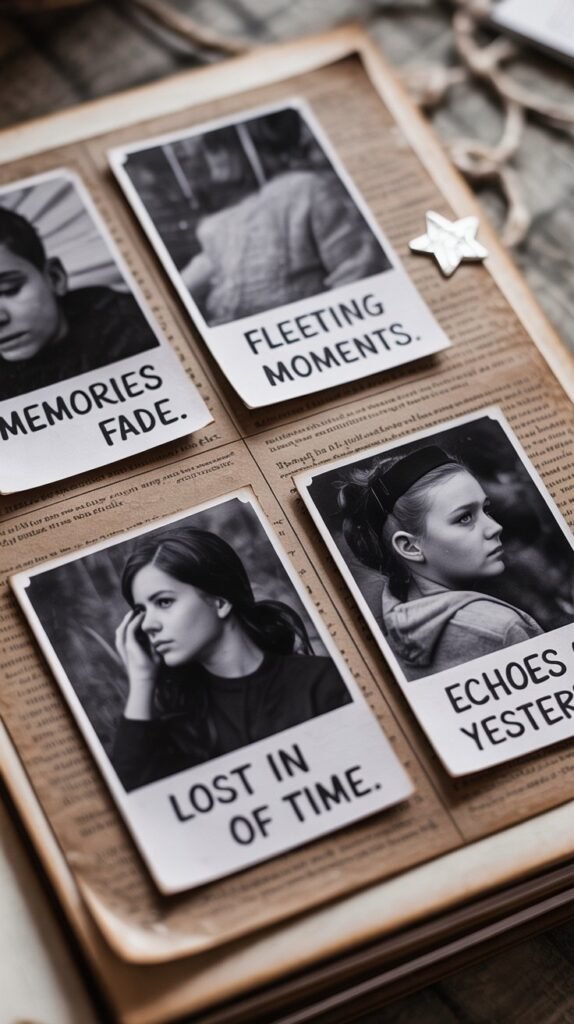 A monochrome scrapbook layout, meticulously arranged with a focus on nostalgic aesthetics. Four black-and-white vintage photographs are carefully positioned on a textured, aged paper background, each accompanied by handwritten notes in bold, crisp white typography reading "Memories Fade," "Fleeting Moments," "Lost in Time," and "Echoes of Yesterday." A single, delicate silver star sticker is adhered to the upper right corner, subtly catching the soft, diffused light. The overall composition evokes a sense of quiet reflection and curated beauty, inspired by classic scrapbook designs and Instagram moodboards.