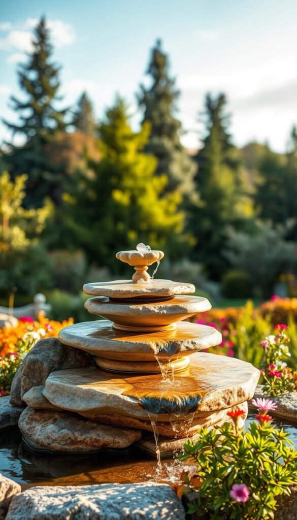 a natural stone fountain with a tiered, cascading design, set in a lush, verdant garden landscape. The fountain features smooth, irregular-shaped stones in shades of gray and beige, arranged in a naturalistic manner, with water gently flowing over the tiers, creating a soothing, ambient sound. The middle ground is filled with a variety of vibrant, flowering plants and shrubs, creating a tranquil, serene atmosphere. The background is a soft, blurred scene of towering trees and a clear, blue sky, illuminated by warm, directional sunlight, casting gentle shadows and highlights on the fountain's surface. The overall composition evokes a sense of peaceful, outdoor relaxation.