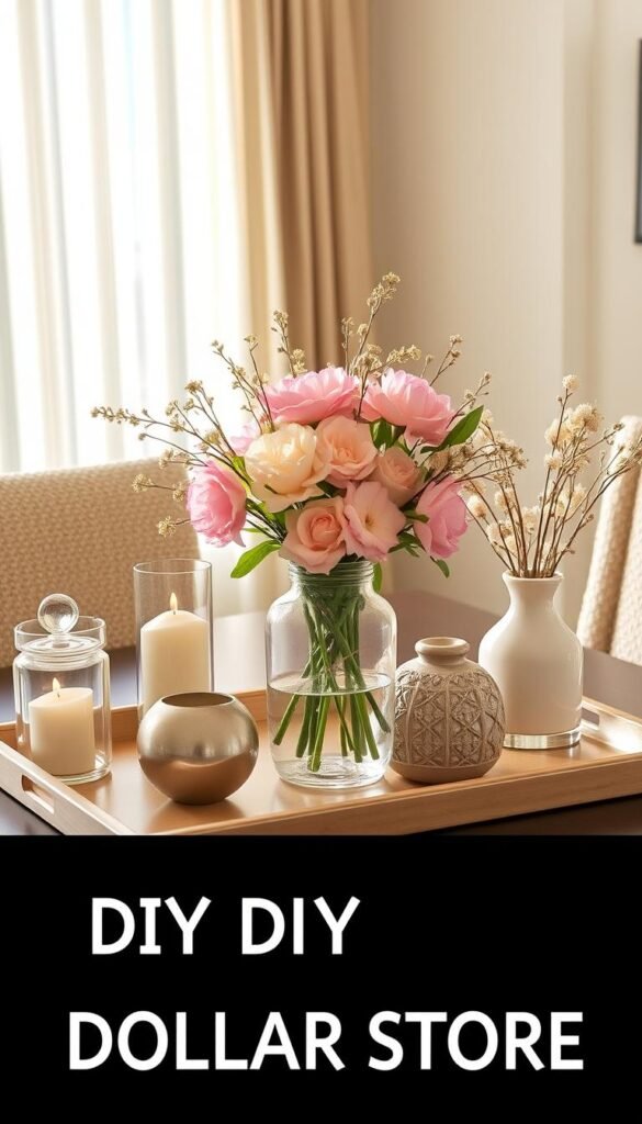 a neatly arranged table top display of various decorative items from a dollar store, including a glass vase filled with flowers, a decorative tray, a small ornamental item, and other simple yet stylish elements, all bathed in warm, natural lighting that highlights the textures and colors, creating a cozy and inviting atmosphere for a DIY centerpiece