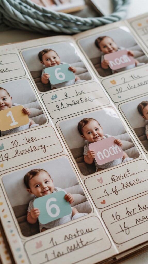 A photograph of a baby scrapbook page showcasing monthly milestones, arranged in a neat, grid-like fashion. Each square displays a charming photo of a baby holding a pastel-colored card with "6 Months" or "1 Year" printed in playful font. Handwritten notes detailing weight, length, and other growth stats are penned in delicate script below each photo, accompanied by simple pastel-colored doodles like stars and tiny hearts. The page has a slightly aged, textured look, evoking a sense of nostalgia and warmth, bathed in soft, diffused natural light.