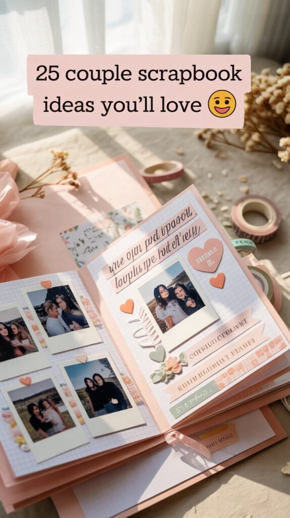 A photograph of a beautifully arranged flat lay showcasing a selection of scrapbook pages. The pages are adorned with a mix of polaroid photographs, pastel pink heart-shaped stickers, and strips of delicate floral washi tapes, arranged with handwritten captions that read "25 Couple Scrapbook Page Ideas You’ll Love 💕" in a playful, feminine font. Soft, neutral-toned cardstock forms the backdrop, with scattered dried flower petals and vintage paper clips adding subtle texture and charm. Gentle, diffused sunlight streams in from the left, casting a warm glow across the entire scene.