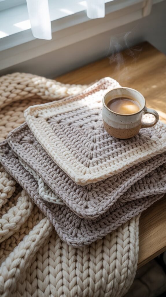 A photograph of a carefully arranged flat-lay featuring a stack of oversized crochet squares in shades of cream, beige, and light grey, gently overlapping a cozy knit throw blanket. The crochet squares are thick and textured, showcasing the distinct stitches, with a ceramic coffee cup—holding steaming coffee—resting near the edge of the stack. Soft, diffused sunlight streams in from a nearby window, casting subtle shadows and highlighting the tactile nature of the textiles, creating a warm and inviting atmosphere for Pinterest. A simple wooden table provides the background, ensuring the focus remains on the soft textures and comforting aesthetic.