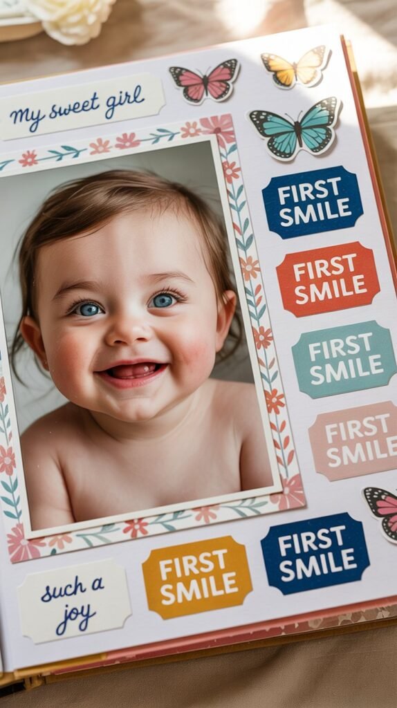 A photograph of a charming baby scrapbook page with a large, central photo of a baby girl with bright blue eyes and rosy cheeks, beaming with a genuine smile. The photo is surrounded by a border of delicate floral washi tape and adorned with several colorful "First Smile" stickers in various shapes and sizes. Handwritten notes in a playful script read "My Sweet Girl" and "Such a Joy" are scattered across the page alongside a few paper butterflies. Soft, diffused lighting illuminates the page, creating a warm and nostalgic atmosphere.