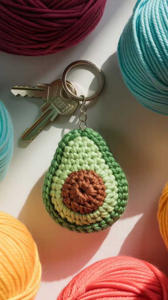A photograph of a charming, bright green mini avocado keychain meticulously crocheted with a detailed brown seed at its center. The keychain hangs delicately from a silver set of keys, showcasing its intricate design. Surrounding the keychain are several skeins of vibrant, colorful yarn – crimson, turquoise, sunshine yellow – artfully arranged to offer “crochet keychain ideas” inspiration. Soft, natural light illuminates the scene, highlighting the texture of the yarn and the playful charm of the miniature avocado.