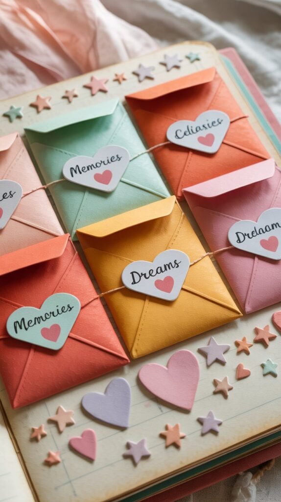 A photograph of a charming scrapbook page filled with vibrant, miniature envelopes arranged in a neat row. Each envelope is a different color – coral, mint green, sunshine yellow – and features a playful tag with handwritten labels like "Memories" and "Dreams" in "delicate cursive". Scattered around the envelopes are hand-drawn hearts and stars in soft pastel shades of pink, lavender, and baby blue, creating a whimsical feel. The page has a slightly aged texture, hinting at a treasured keepsake, and is bathed in soft, diffused light, enhancing the nostalgic mood.
