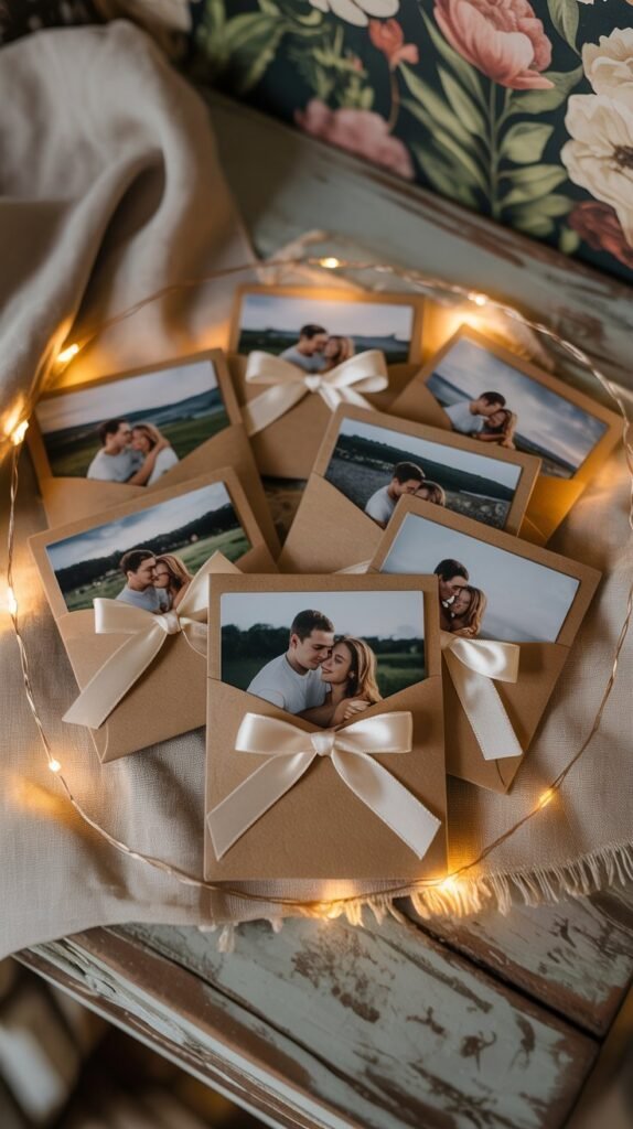 A photograph of a charming scrapbook page showcasing a cluster of miniature kraft-paper envelopes, gently tied with ivory satin ribbons and arranged on a weathered wooden tabletop. Each envelope contains a small, candid black-and-white photo of a smiling couple embracing in various scenic locations. Soft, warm fairy lights are delicately draped around the envelopes, casting a gentle glow and creating a cozy, nostalgic atmosphere. The background features a subtly textured linen cloth and a hint of a vintage floral wallpaper, further enhancing the scrapbook's timeless appeal.