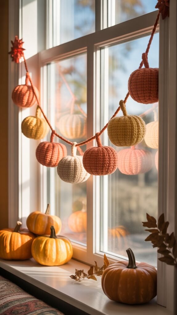 A photograph of a charming window frame adorned with a garland of handmade crochet pumpkins. The pumpkins are varying shades of orange and yellow, with intricately stitched details and soft, fuzzy texture, hanging gracefully across the window. Natural sunlight streams through the window, illuminating the pumpkins and casting a warm glow on a nearby pile of rustic pumpkins and a sprig of dried leaves resting on the windowsill. The background features a cozy, slightly blurred living room with a warm beige wall and a glimpse of a patterned rug.