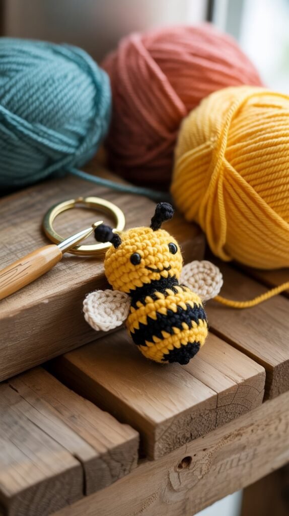 A photograph of a cheerful yellow and black bee keychain crafted from crochet, resting on a weathered wooden surface. The keychain is intricately detailed, with delicate stitching and a fuzzy texture, positioned slightly off-center to draw the eye. Beside the keychain lies a wooden crochet hook and several vibrant skeins of yarn in hues of teal, coral, and sunshine yellow. Soft, natural light illuminates the scene, emphasizing the textures and creating a cozy, inviting atmosphere ideal for “crochet keychain ideas” content.