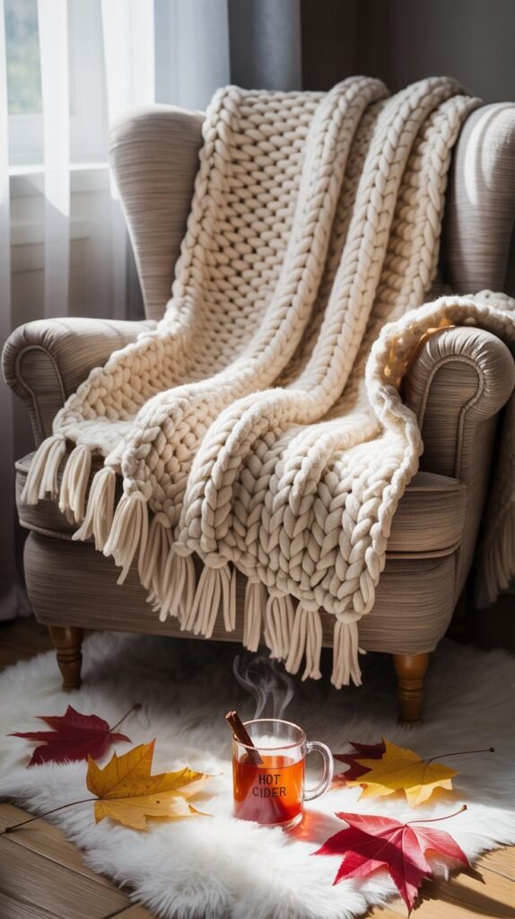 A photograph of a chunky, cream-colored crochet blanket artfully draped over a plush, oversized armchair. The blanket has a textured stitch pattern and frayed edges, while the armchair is upholstered in a soft, heathered grey fabric with visible wood legs. Scattered around the base of the chair are several vibrant autumn leaves – crimson, gold, and russet – alongside a steaming mug of "hot apple cider" with a cinnamon stick resting on the rim. Soft, diffused sunlight streams through a nearby window, illuminating the cozy scene and creating a warm, inviting atmosphere.