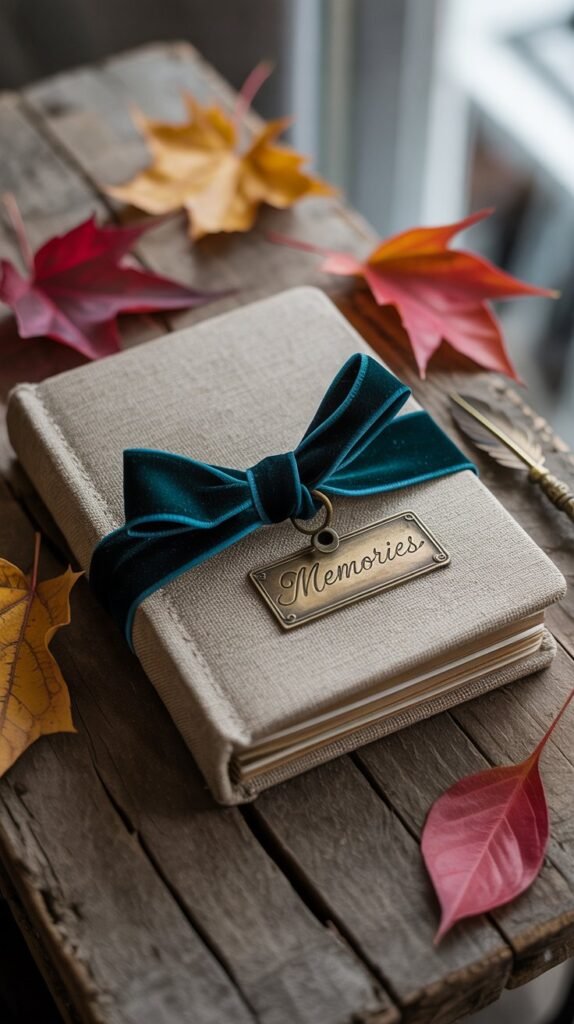 A photograph of a closed linen-wrapped scrapbook sitting on a weathered rustic wooden table. The scrapbook is adorned with a deep emerald velvet ribbon tied in a loose bow, and a small antique brass tag with "Memories" engraved in elegant script. Scattered around the scrapbook are a few vibrant autumn leaves—crimson, golden, and burnt orange—and a vintage quill pen rests casually nearby. Soft, diffused natural light illuminates the scene, casting gentle shadows and highlighting the textures of the linen, velvet, and wood.