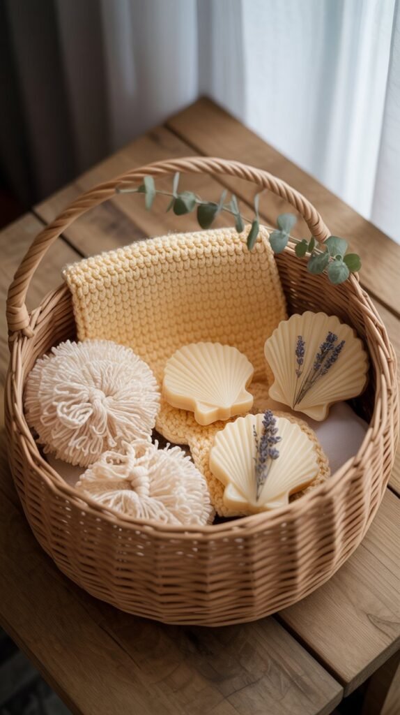 A photograph of a cozy flat-lay featuring a spa-themed crochet gift set nestled within a round, light-brown woven basket. Inside the basket sits a pale-yellow crocheted washcloth alongside two fluffy cotton scrubbies and three handmade soaps shaped like seashells, each scented with lavender and adorned with dried flowers. Soft, natural light spills across the scene, highlighting the texture of the cotton yarn and the intricate details of the crocheted items, set against a backdrop of a rustic wooden tabletop. A sprig of eucalyptus rests gently on the rim of the basket, adding a touch of freshness and completing the relaxing spa aesthetic.