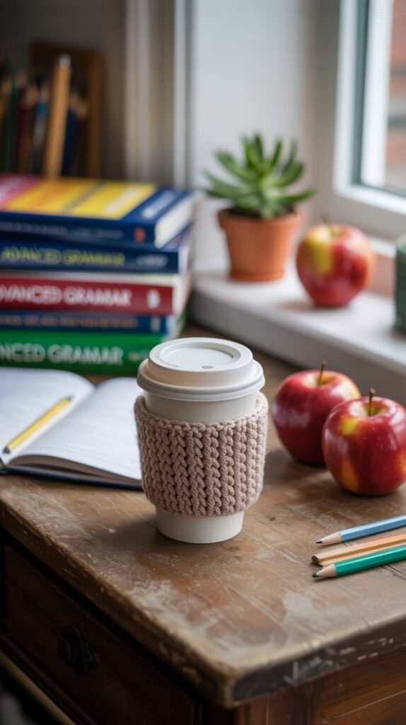 A photograph of a cozy, hand-crocheted coffee sleeve wrapped snugly around a white to-go cup, sitting on a worn wooden teacher’s desk. Next to the cup are three bright red apples and a stack of neatly arranged textbooks with the title " “Advanced Grammar” " visible on the top book. The desk is bathed in soft, natural light from a nearby window, with scattered pencils and a small potted succulent completing the warm, inviting scene. The overall mood is calm and suggests a thoughtful, prepared educator.