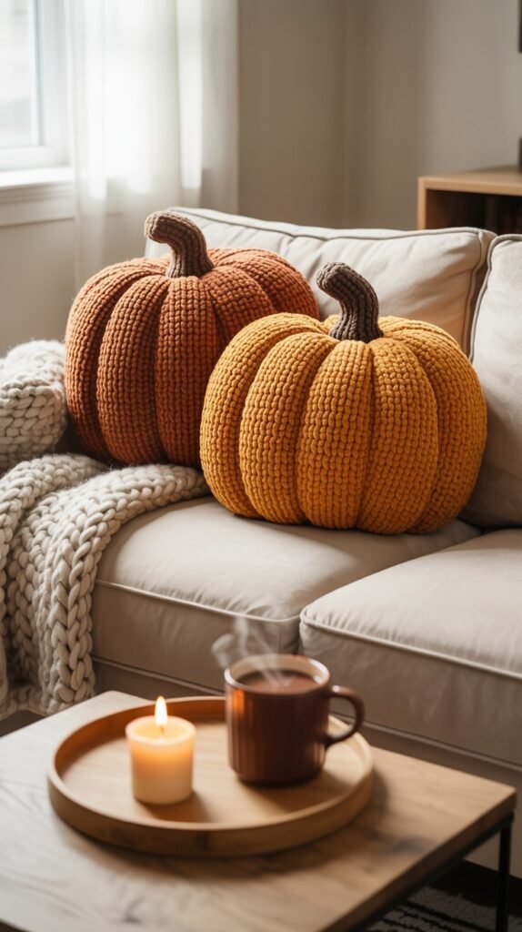 A photograph of a cozy living room scene centered around a cream-colored, plush couch. Two oversized crochet pumpkin pillows in burnt orange and deep mustard yellow are nestled against the back cushions, while a chunky knit throw blanket in a cream and grey pattern is casually draped over the armrest. A steaming mug filled with hot chocolate rests on a round wooden tray placed on the coffee table in front of the couch, and a single, flickering candle sits nearby. Soft, warm light filters through a nearby window, creating a peaceful and inviting atmosphere.
