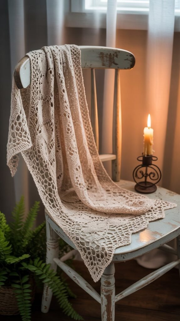 A photograph of a delicate, lacy triangle shawl, crocheted from cream-colored yarn, draped gracefully over the back of a weathered wooden chair. The shawl features intricate floral patterns and a soft, flowing texture, gently cascading onto the chair's seat. Beside the chair sits a flickering beeswax candle in a rustic iron holder, and a small potted fern rests on the floor, bathed in the warm glow of the candlelight. The room has a cozy atmosphere with soft, diffused light filtering through a sheer curtain in the background.
